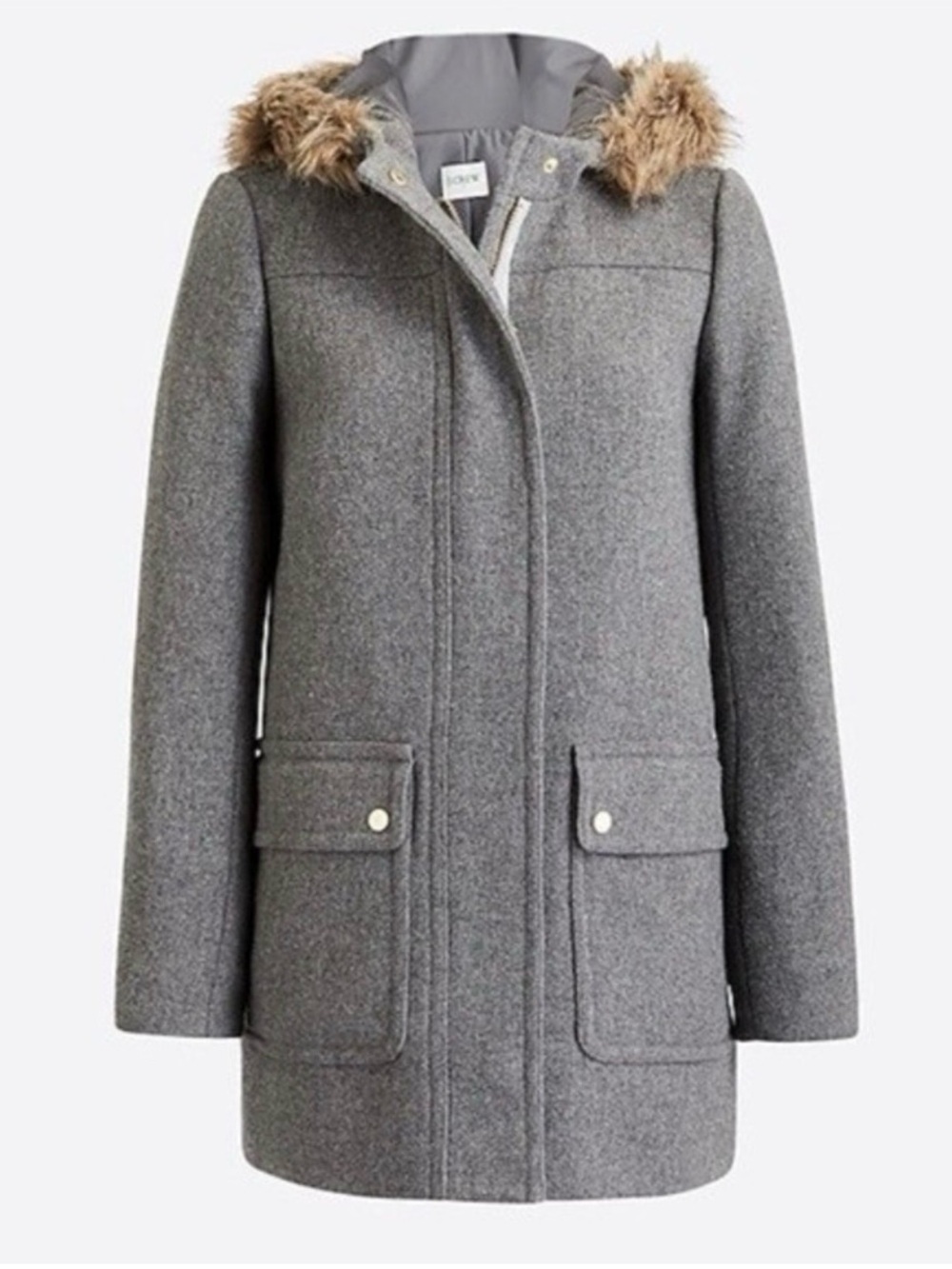 J. CREW MERCANTILE VAIL PARKA COAT HEATHER GREY FAUX FUR HOOD WOOL BLEND